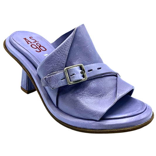Side angle view of right sandal.  Mule/slip on style with open toe