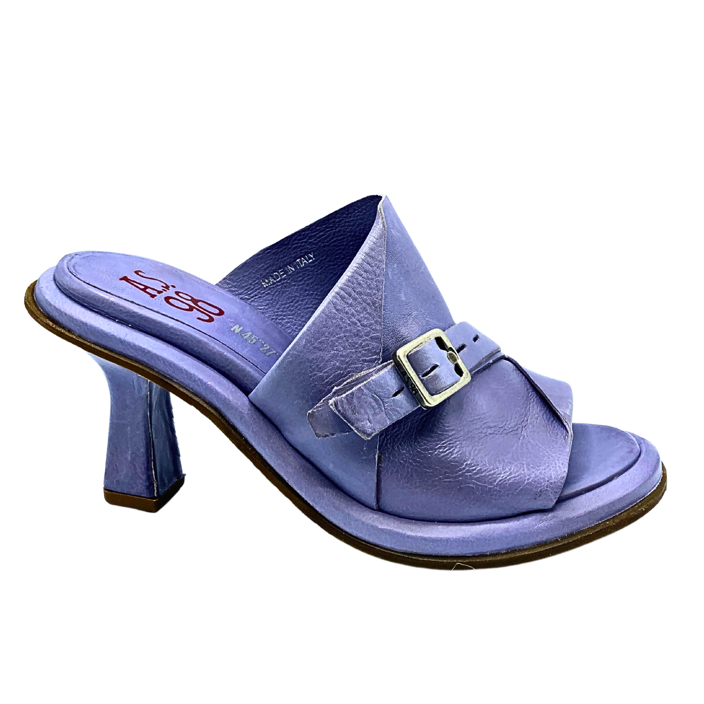 Outside view of right mule sandal in lilac color.  Strap across mid foot with adjustable buckle