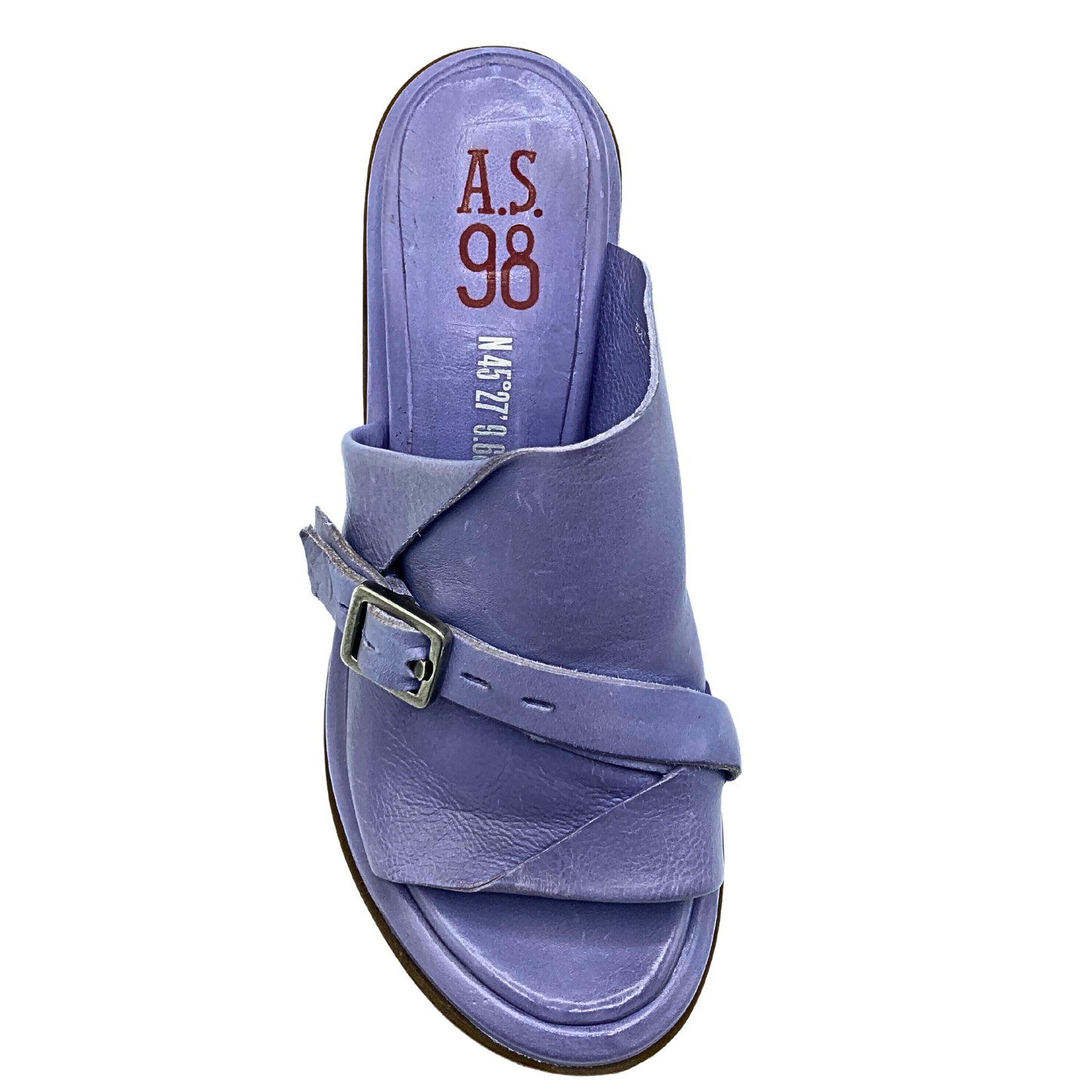 Top view of right mule sandal.  Open toe with cross strap over forefoot with adjustable buckle