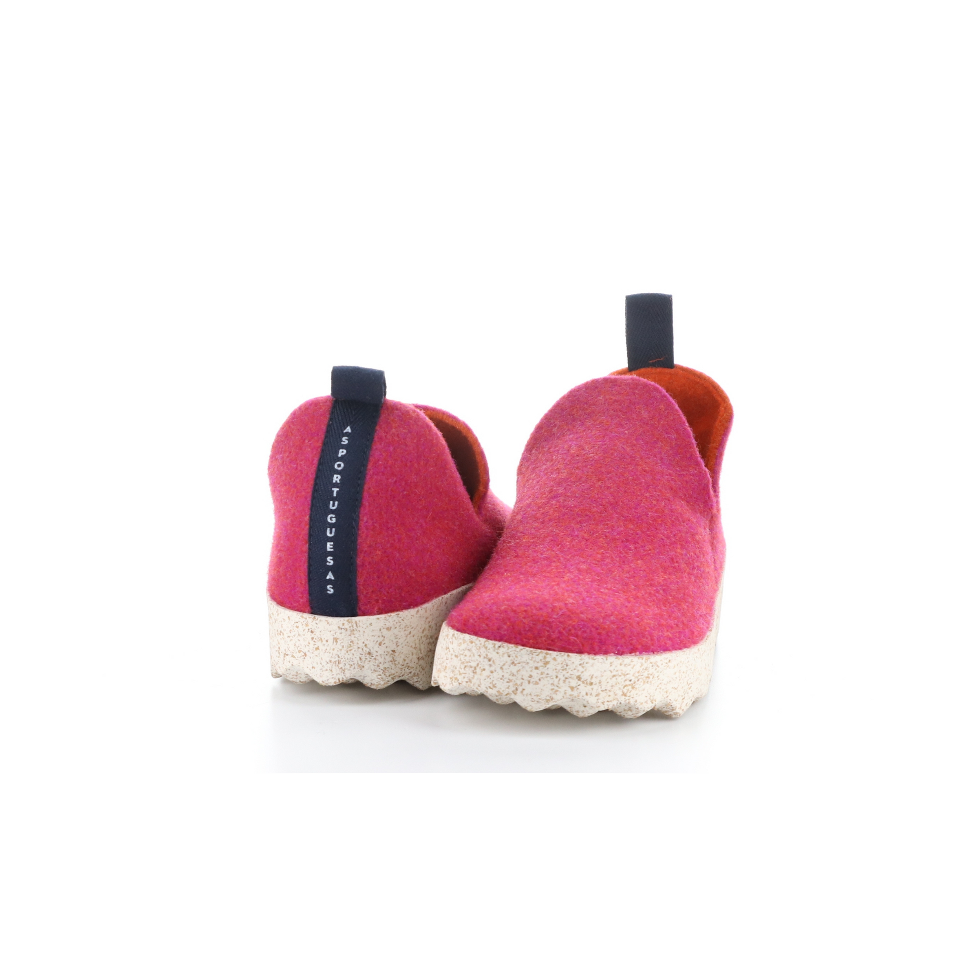 A pair of slip on shoes with stylish cut out detail for easy on is pictured. Upper is Fuchsia, felted wool on a natural cork and rubber waffle sole. Sole is branded and a very light natural colour.