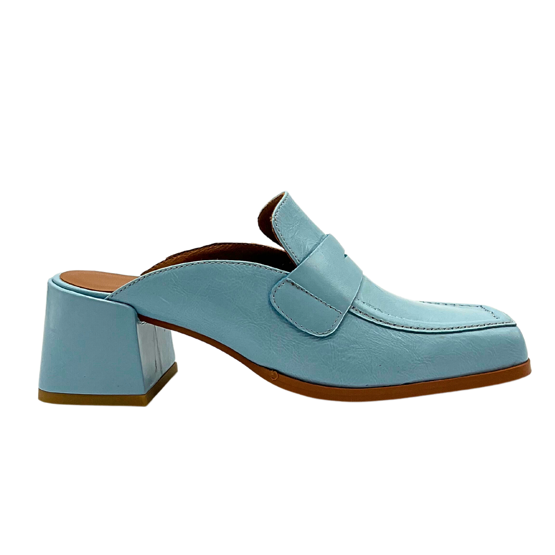 Outside view of right shoe.  Angel Alarcon Glenda in the most beautiful baby blue color