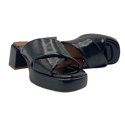 Angel Alarcon Muses mule in black patent leather.  Platform sole with square block heel