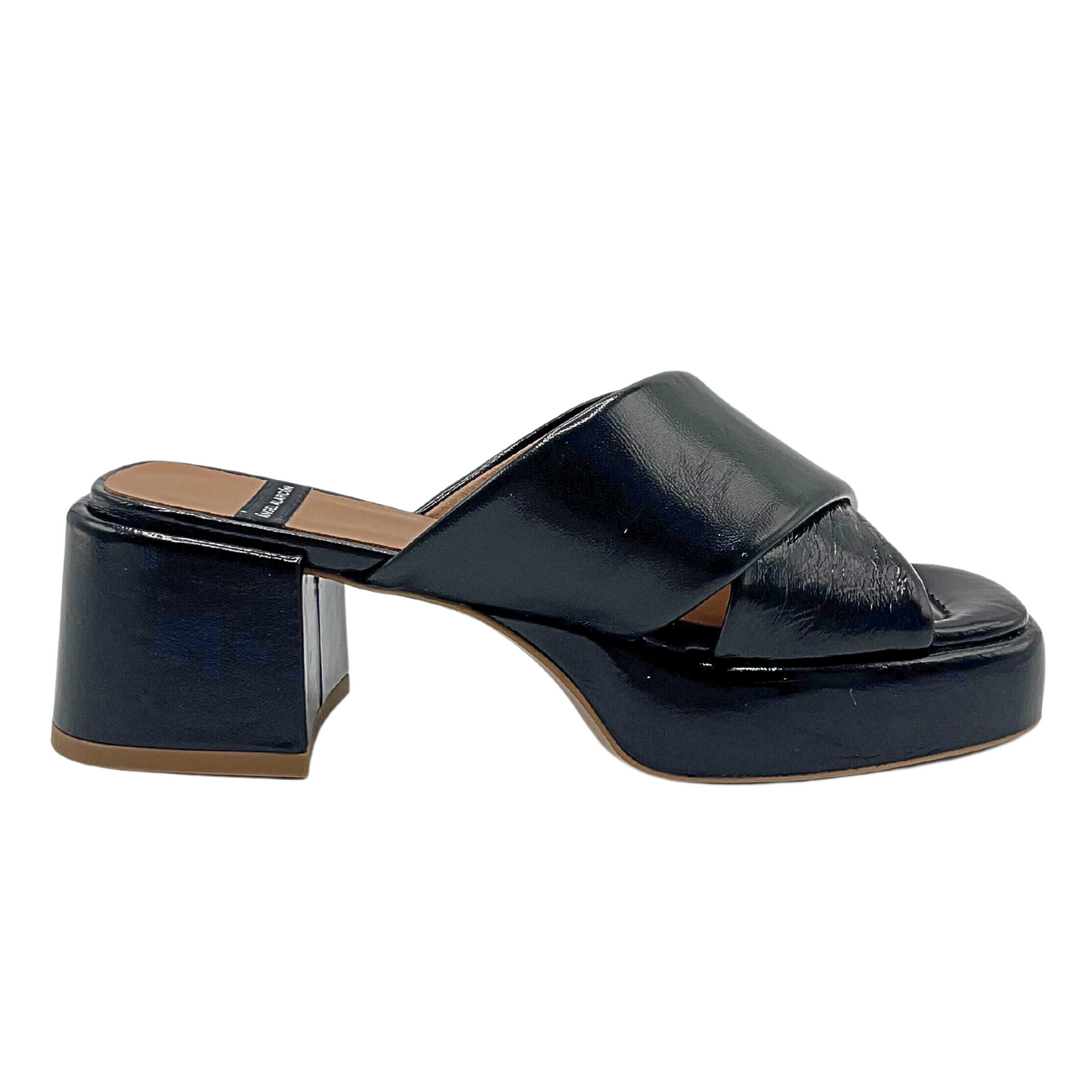 Outside view of Angel Alarcon Muses black patentmule.  Shows Square block heel.