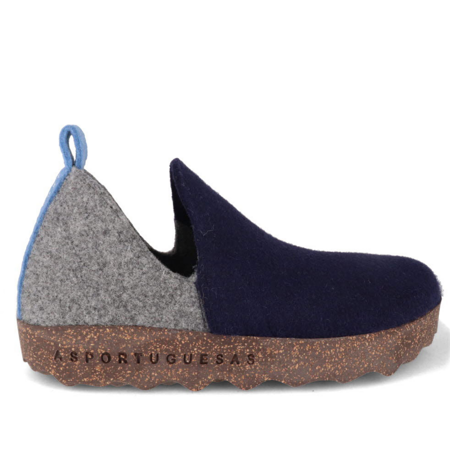 A grey and navy blue wool sneaker with oblong cutouts, blue heel tab, and speckled cork soul is pictured from a side angle.