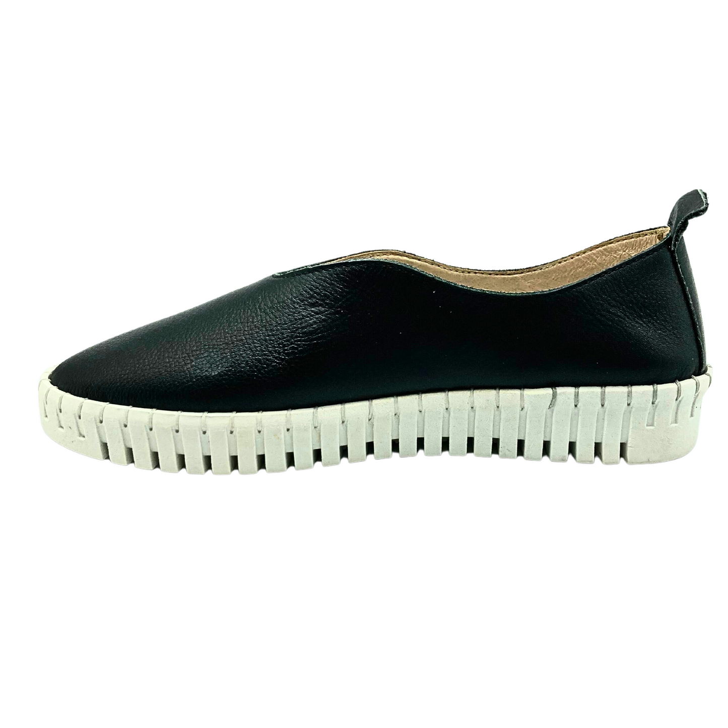 View of inside of simple, black leather slip on sneaker style shoe
