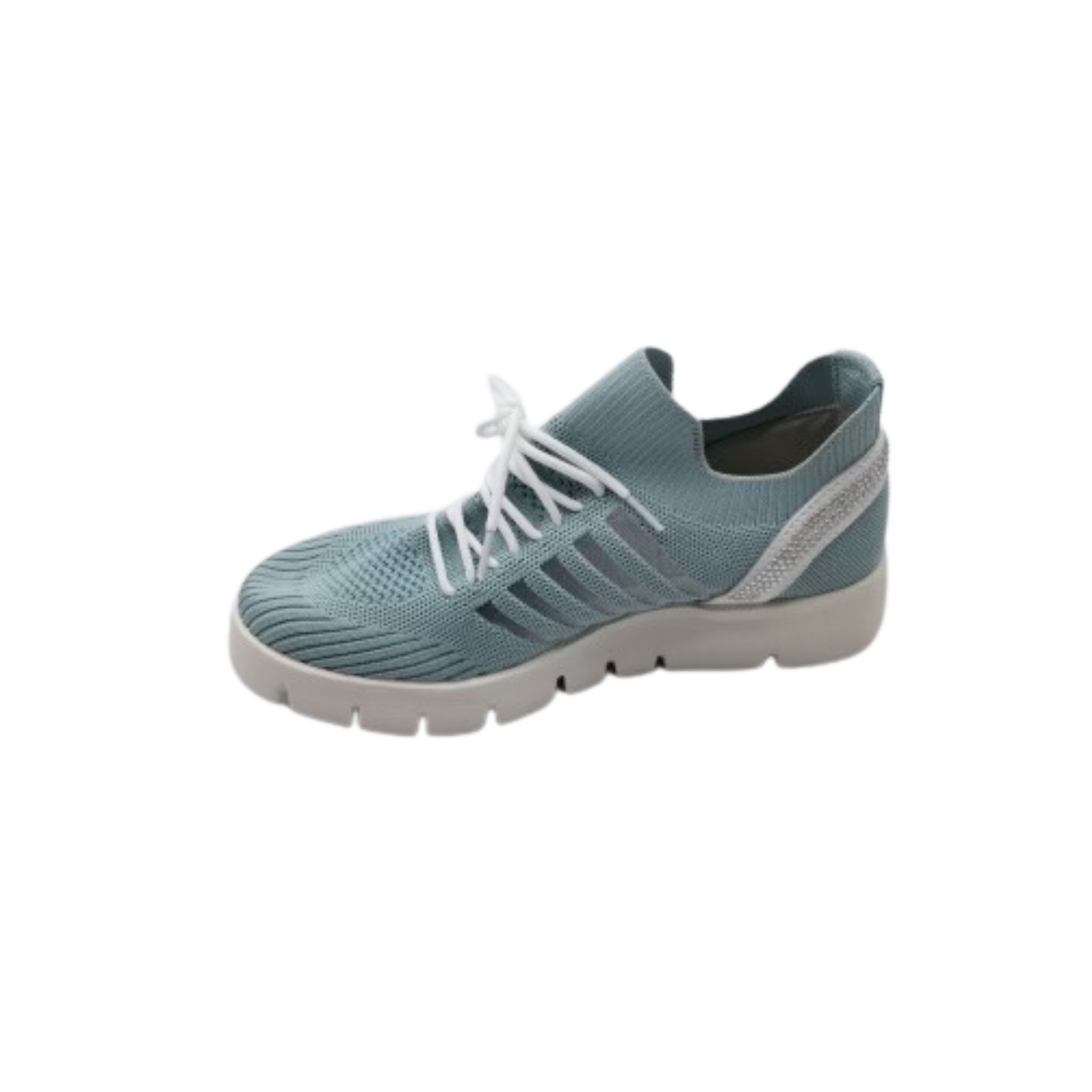 Inside view of knitted slip on sneaker in a baby blue color.  See through cut outs at arch and contrasting white band with crystals at heel.