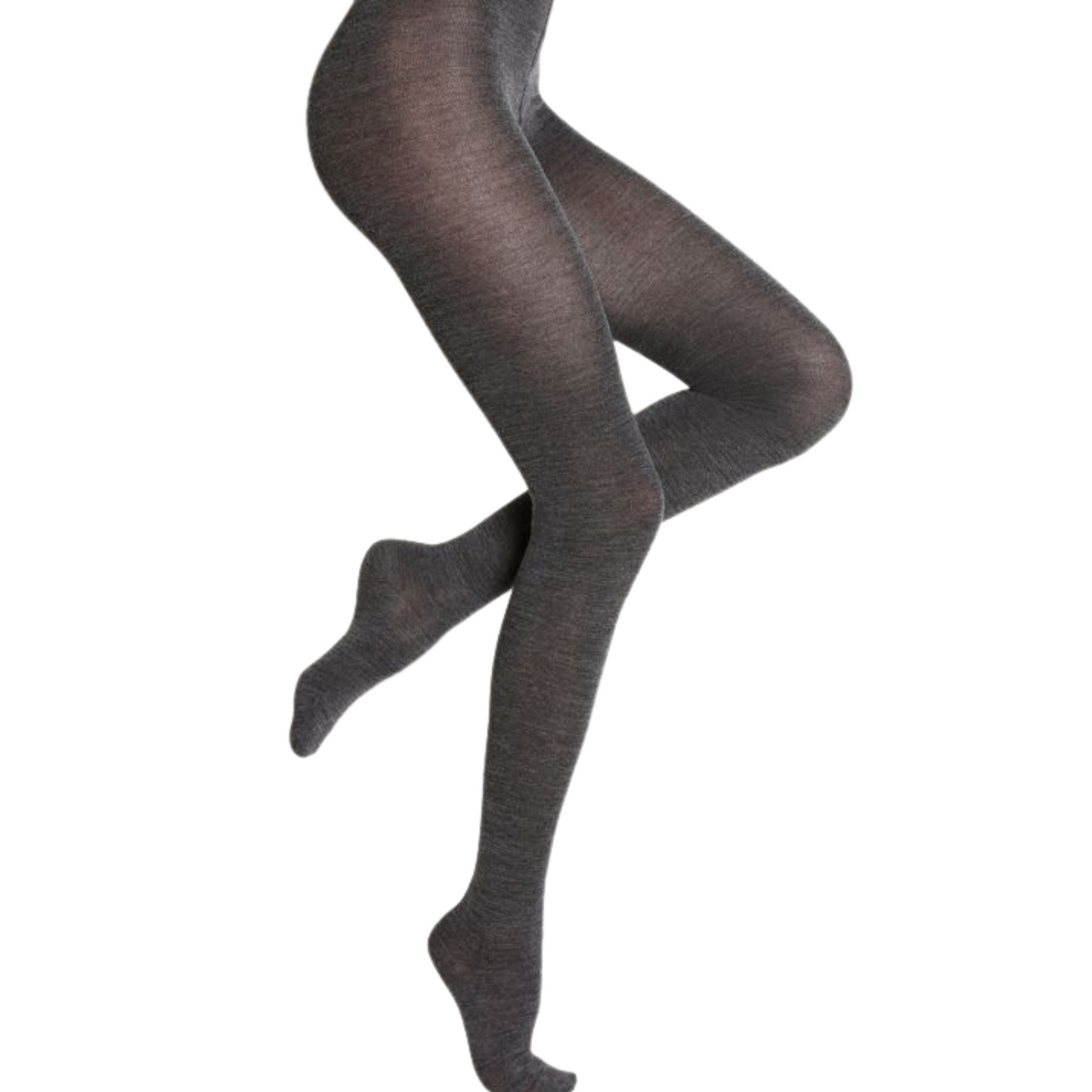 A photo of a lady wearing the charcoal tights, showing the feet and the overall fit.