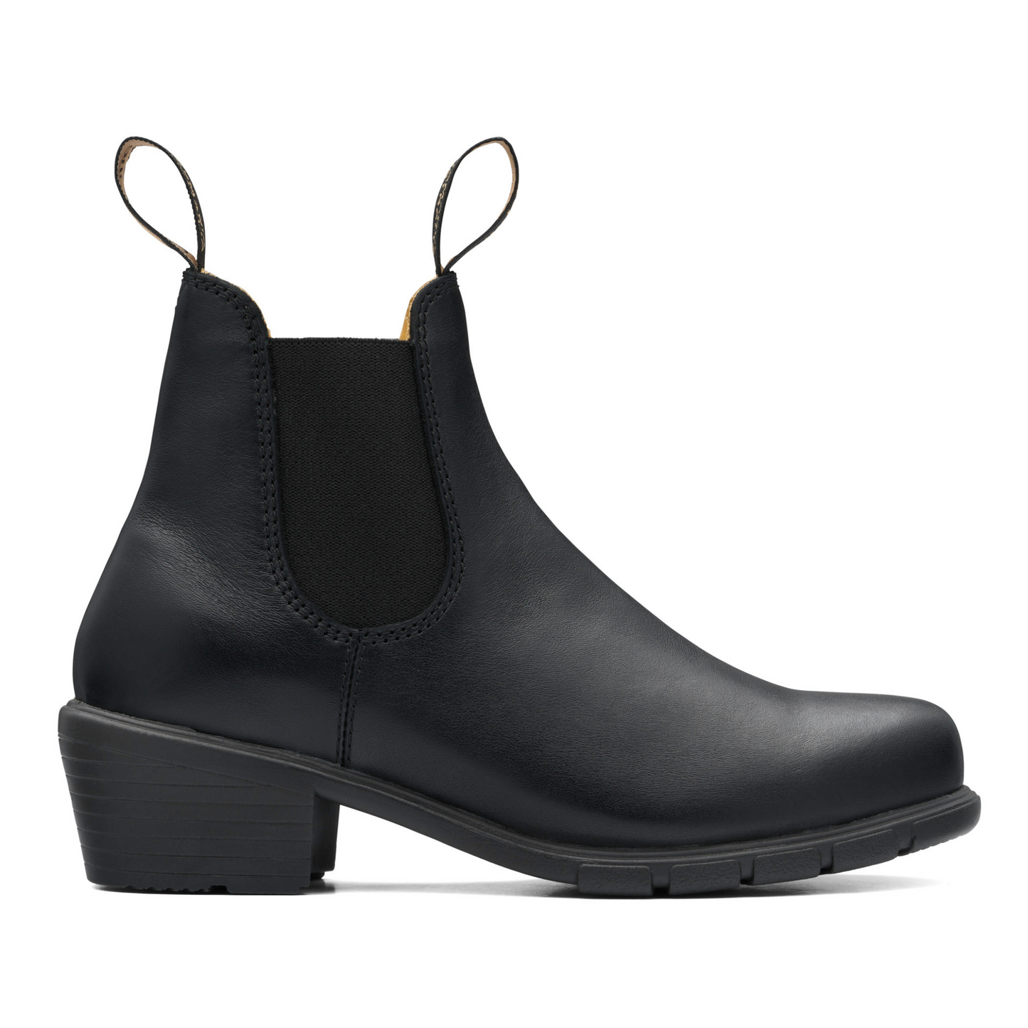 The profile view of the right boot. All black leather with a chunky heel on a black sole.