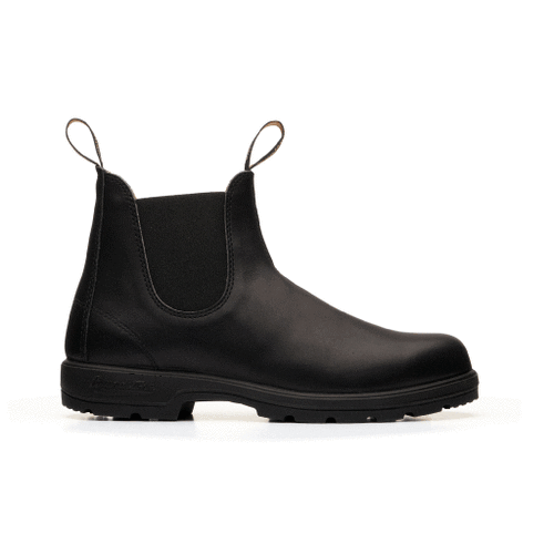 360 degree spin of the right boot. Black leather with black stitching and a black sole.