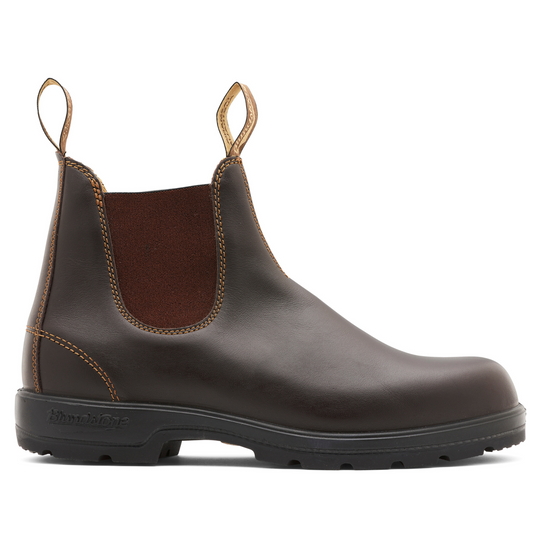 Side profile of the right shoe. Walnut brown leather boot with elastic sides and tan coloured stitching