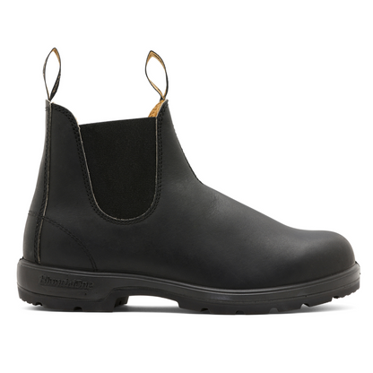 Side profile of right boot. Black leather with elastic sides.