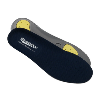 A pair of footbeds lying on top of eachother. Navy blue top with white writing on the heel. Bottom foodbed has is grey and yellow.