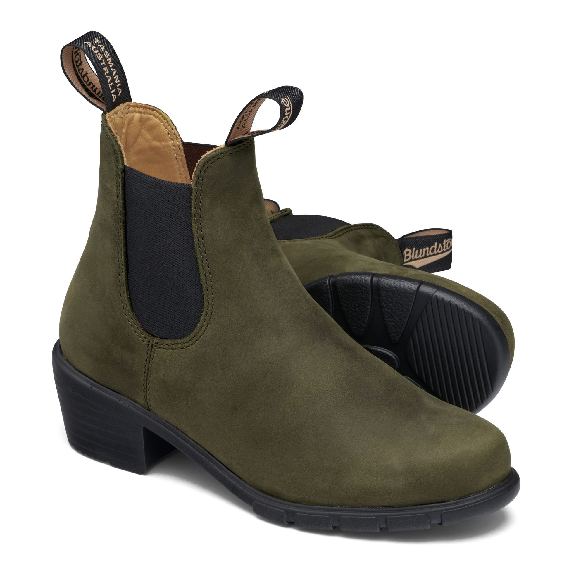 A pair of olive green women's boots with black elastic sides.