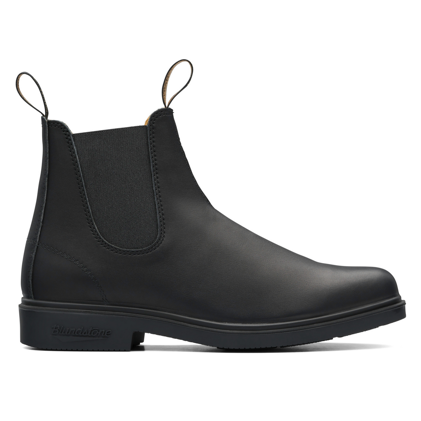 Side profile of the right boot. Low heel, black leather, over-the-ankle height with elastic sides.