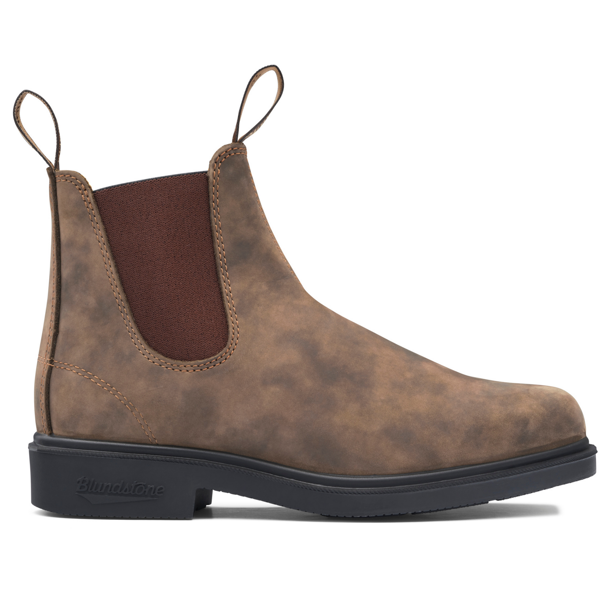 A profile view of the right boot. Rustic brown coloured leather with a black sole.