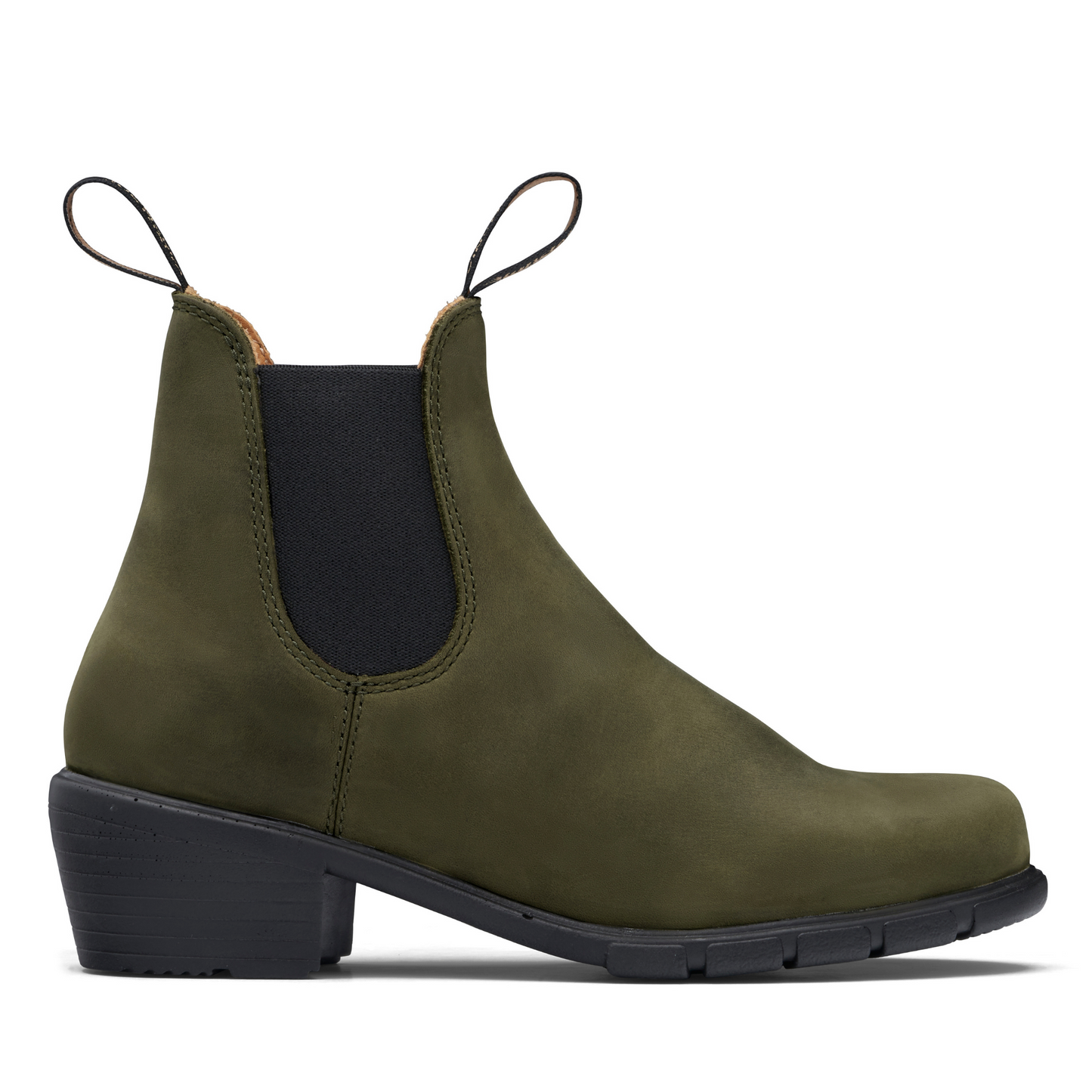 Side view of the right olive green leather boot. Mid-height heel with a black sole and tan colour interior lining