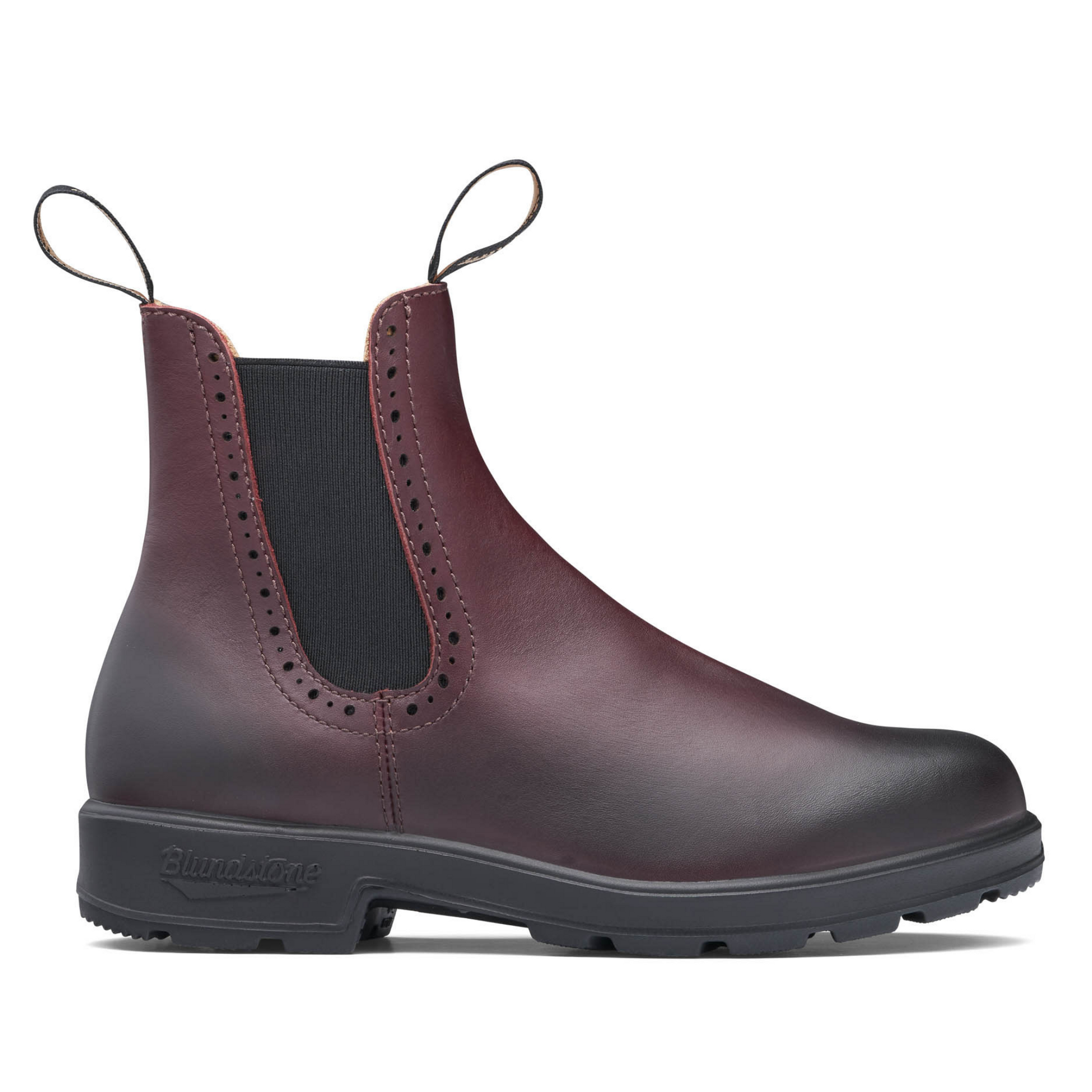 A side profile view of the right boot. Shiraz coloured leather boot with black sole and low heel. 