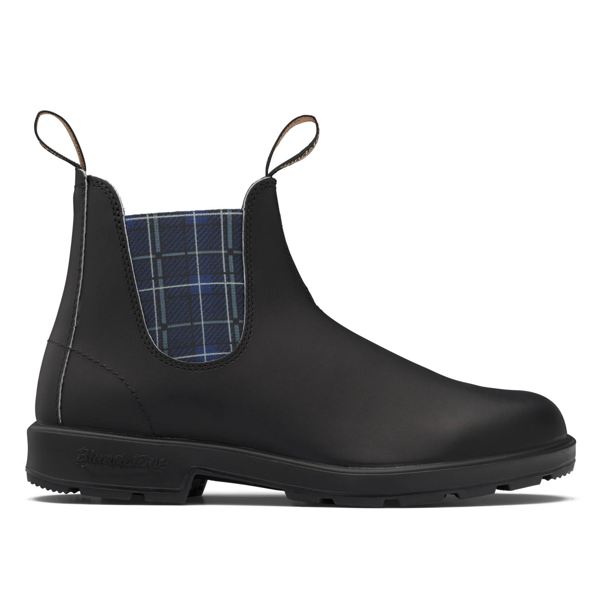 Side angle of the right black leather boot. Blue tartan elastic sides.