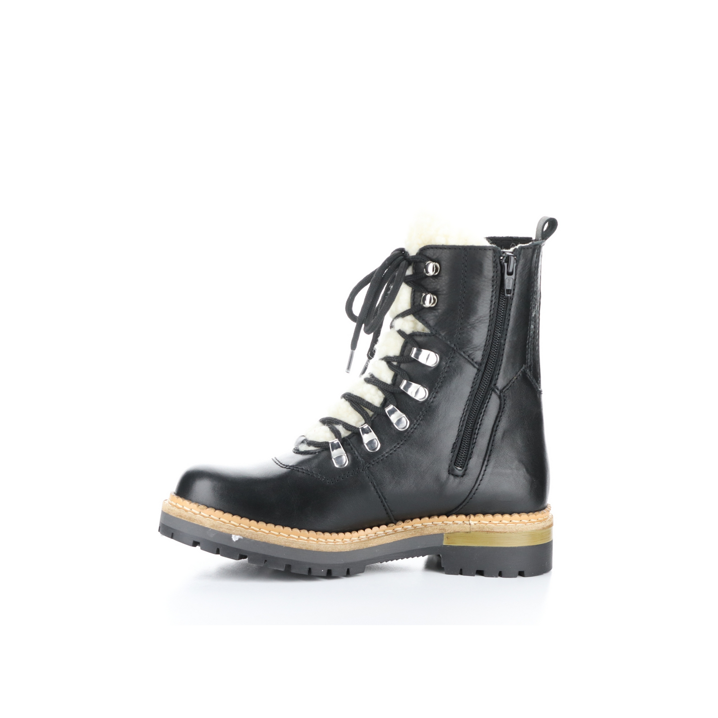 Black leather and Merino wool boot shown in left profile. Side zipper for easy entry. Black rubber sole.
