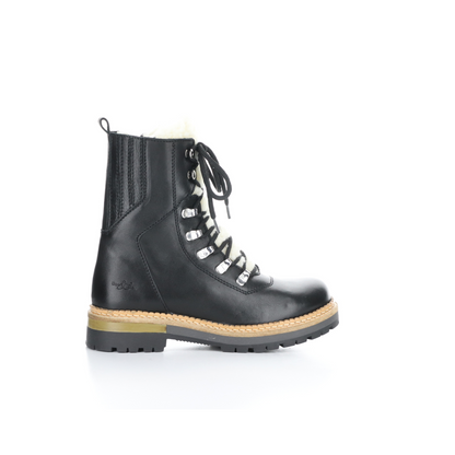Black leather and Merino wool boot shown in right profile. Lace-up detail visible from side profile. Boot has a black rubber sole.