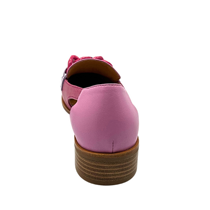 Rear view of Bresely Devine shoe showing stacked square heel and pink heel cup.