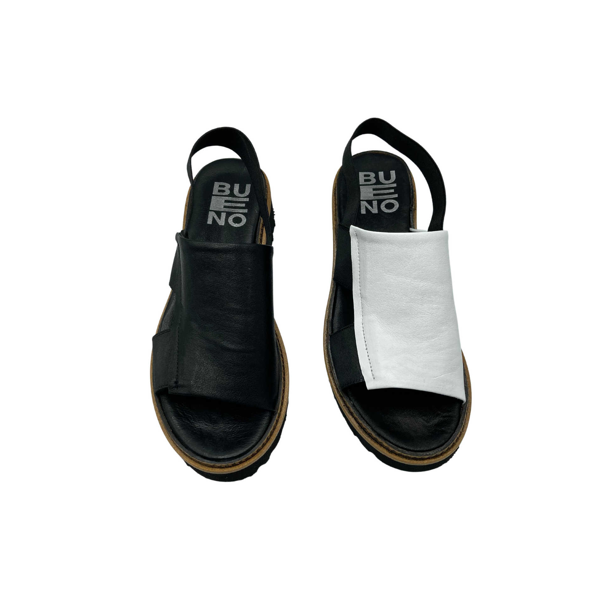 Bueno Amy sandals shown from the front in 2 colorways.  All black and black/white