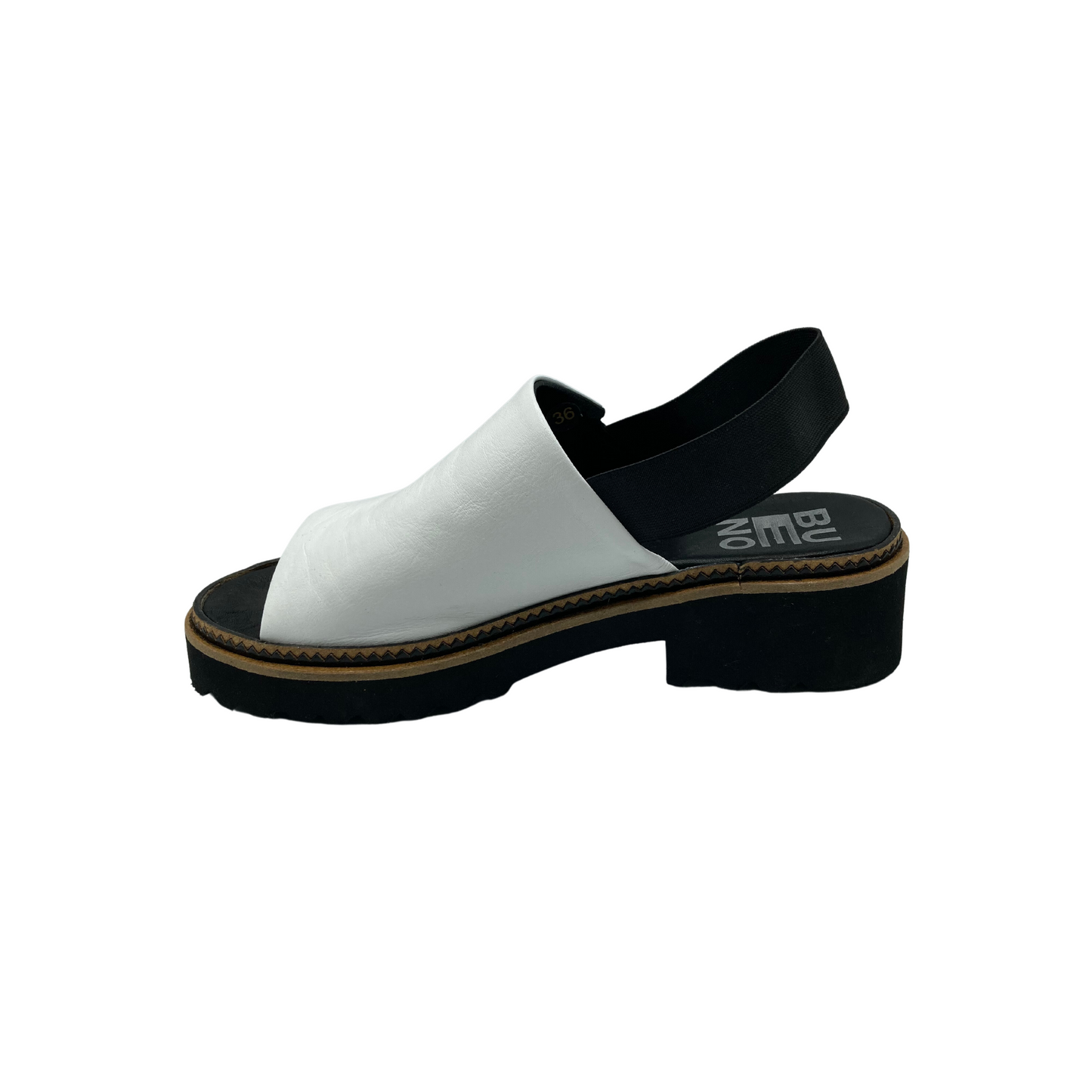 Slip on style sandal with elastic back strap. Wide leather upper offers great coverage.  Open toe