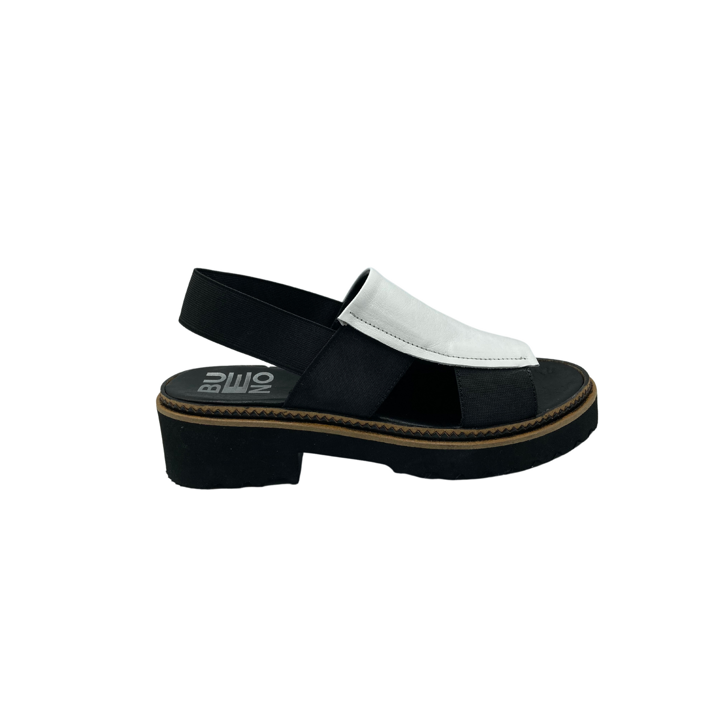 Outside view of Bueno Amy in two-tone black and white.  Slip on style with elastic back strap