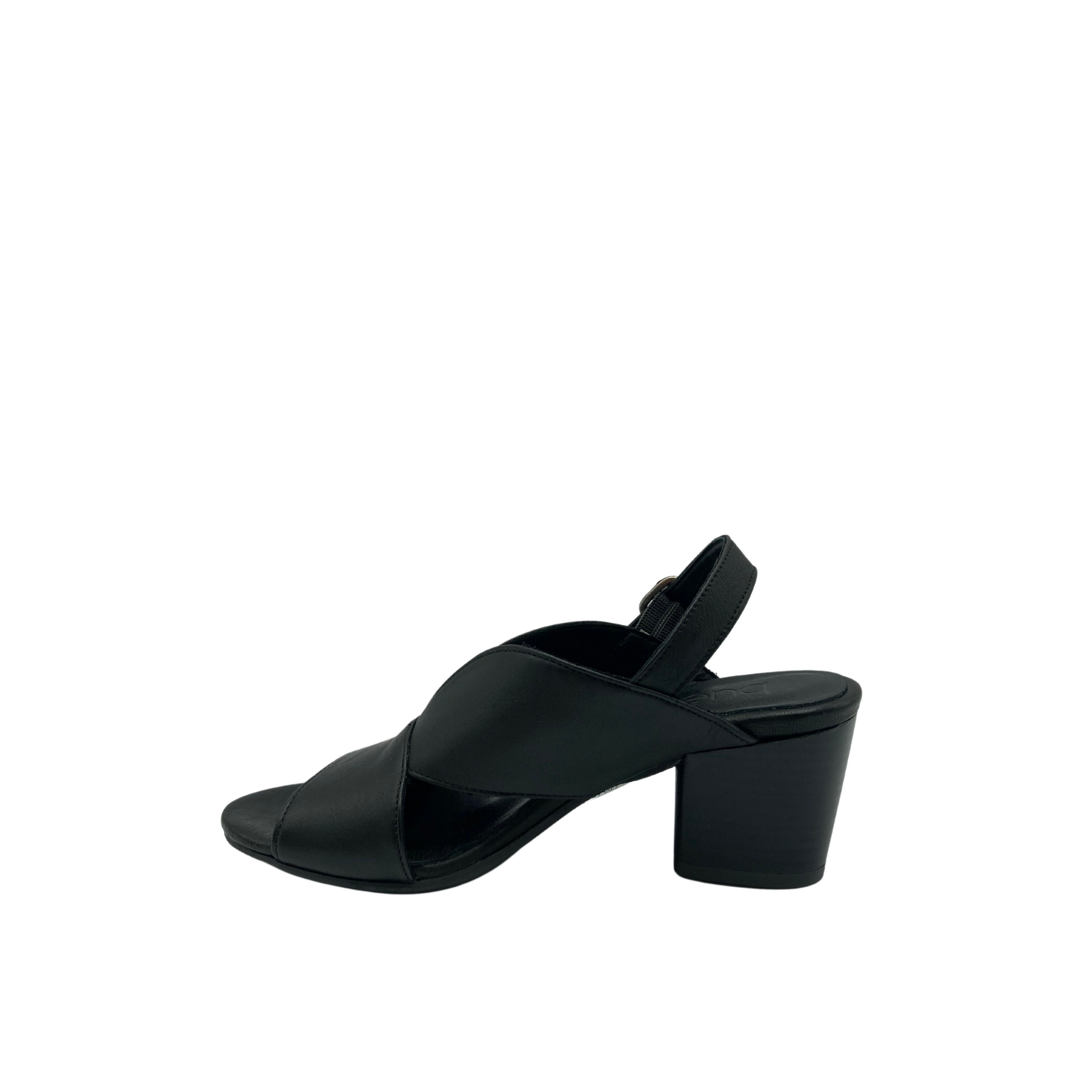 Inside view of black sandal with open toe and block heel.  Wide strap across forefoot with 2 rounded straps reachng up to top of foot.  Ankle strap with buckle adjustment