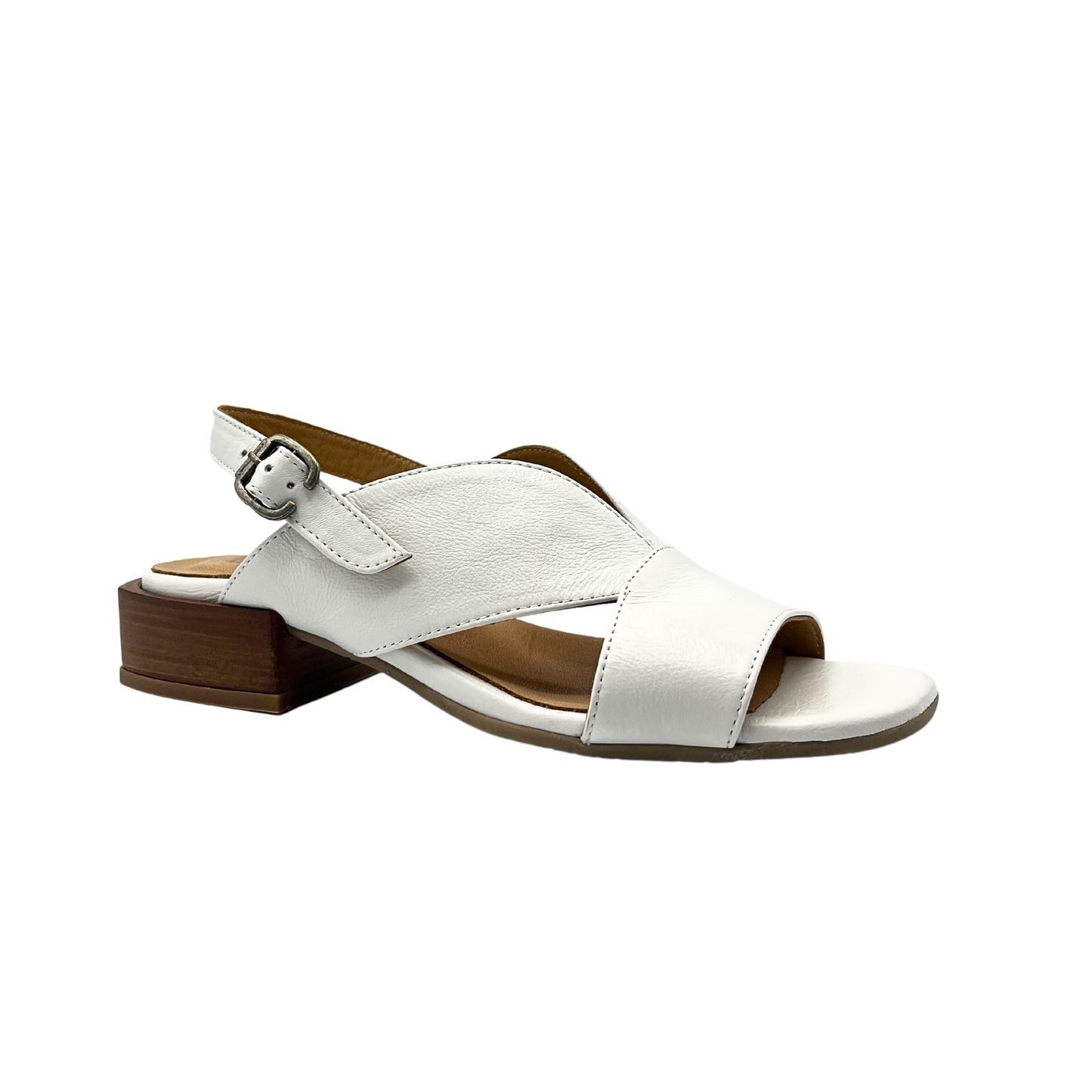 Outer side view of a classic summer sandal with low block heel and adjustable back strap