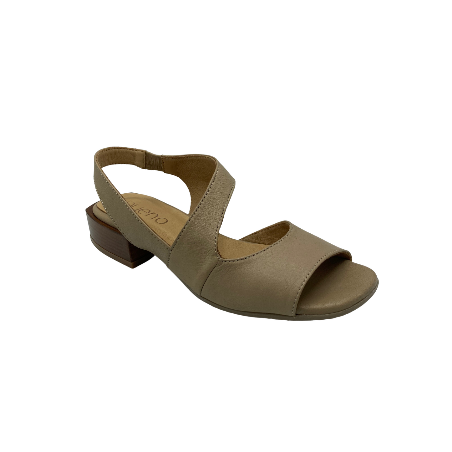 Low heeled sandal with open toe.  Curved arch strap over forefoot with strap across the top of foot.