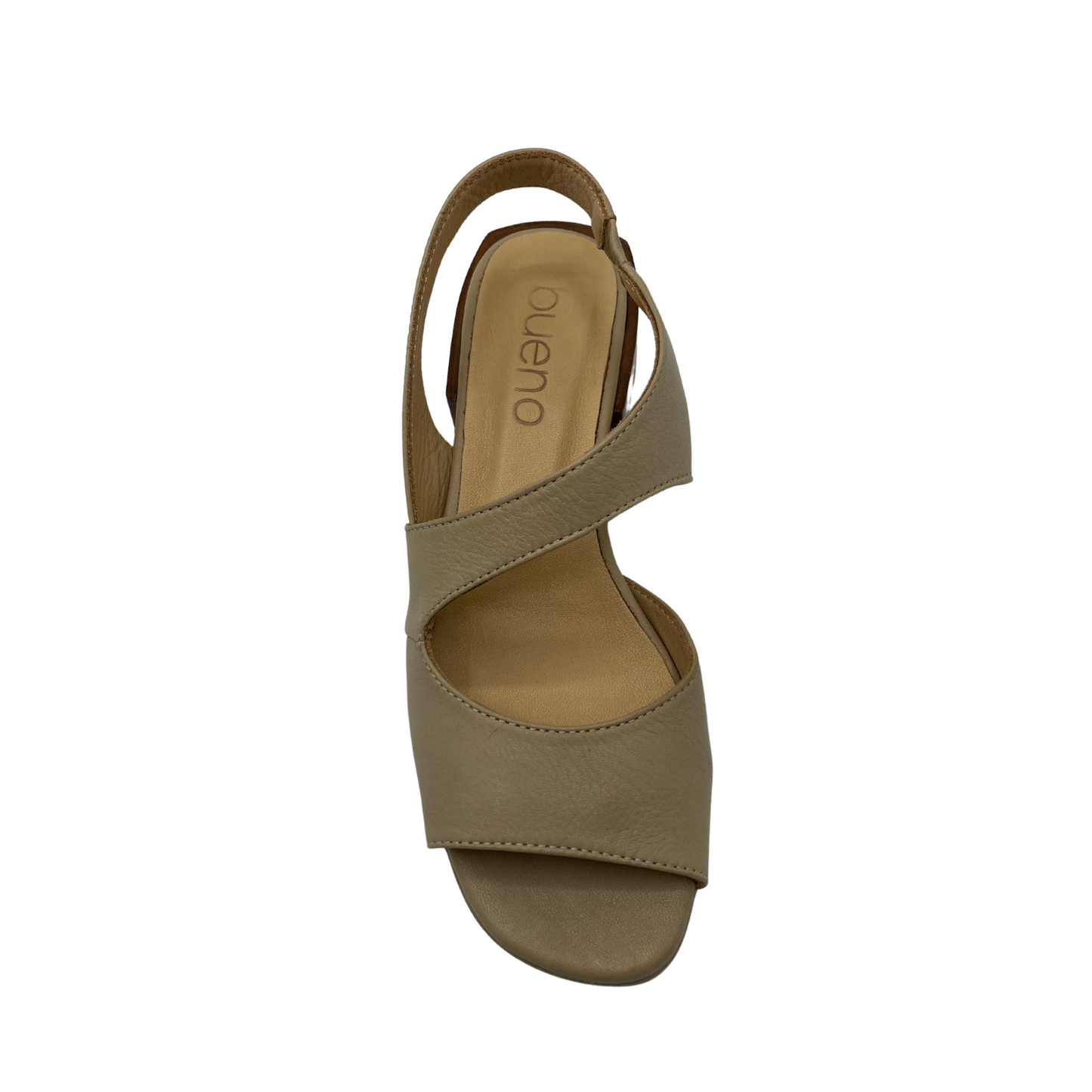 Top down view of taupe sandal by Bueno.  Slip on style with open toe and back strap wth elastic stretch segment.