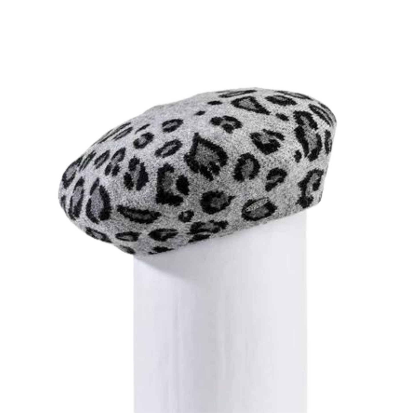 Photo of the hat displayed, showing the fit and the leopard print.