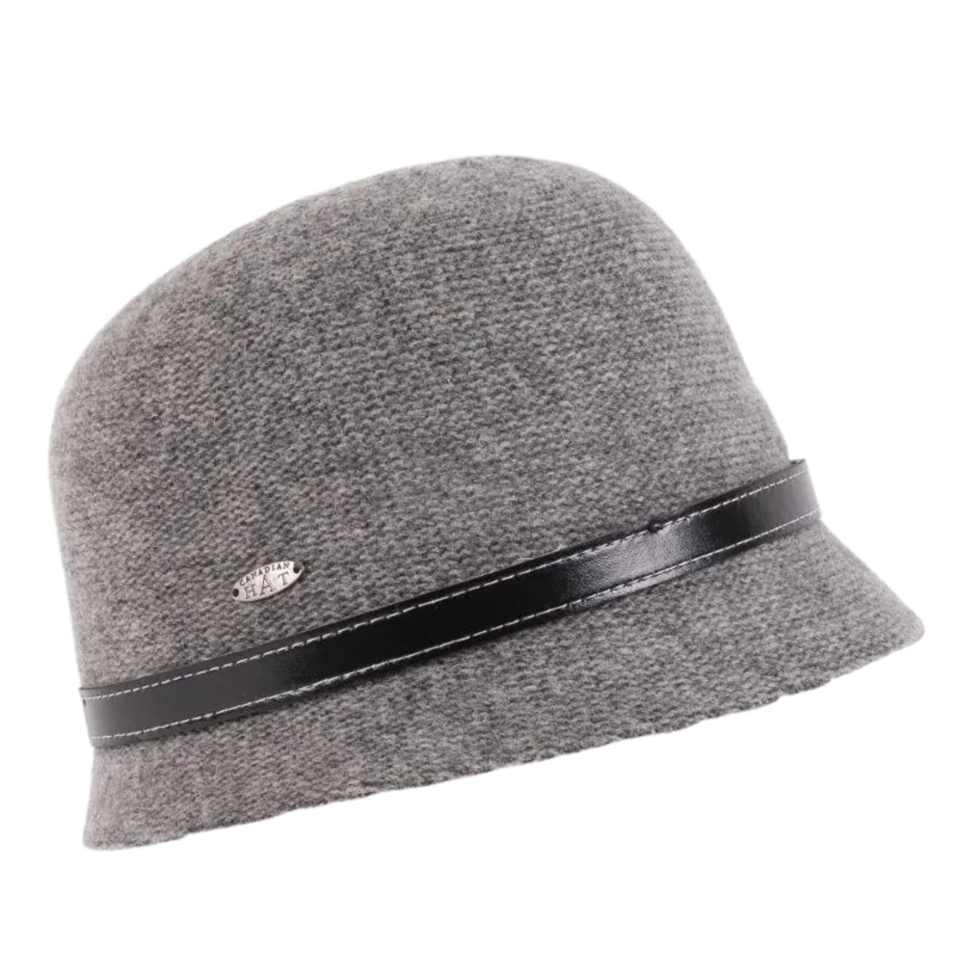 An image of the carmin hat in the colour grey, showing the black leather tie and the canadian hat logo attached on the side.