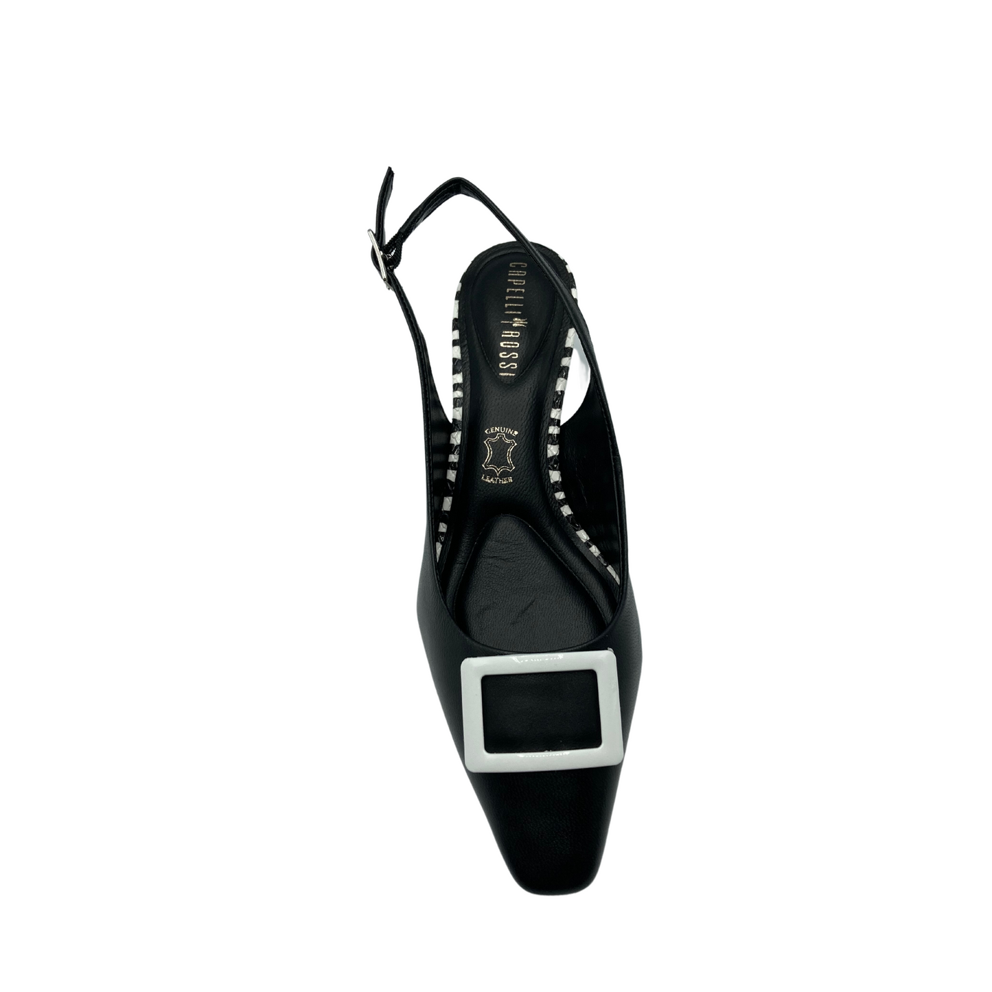Top down view of a black slingback shoe with white buckle detail at the front.  Adjustable buckle at heel strap.  Zebra trim detail around footbed