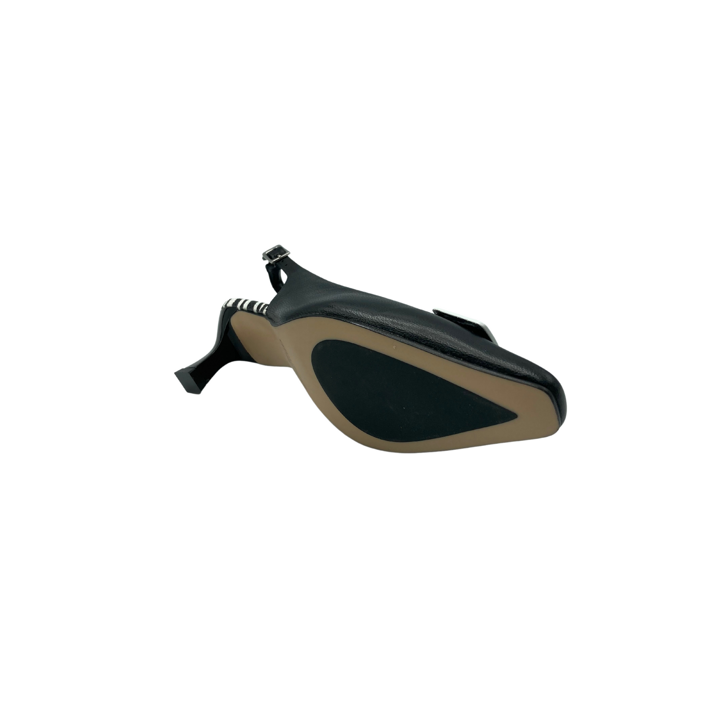 Underside view of black slingback shoe.  Features an anti slip pad 