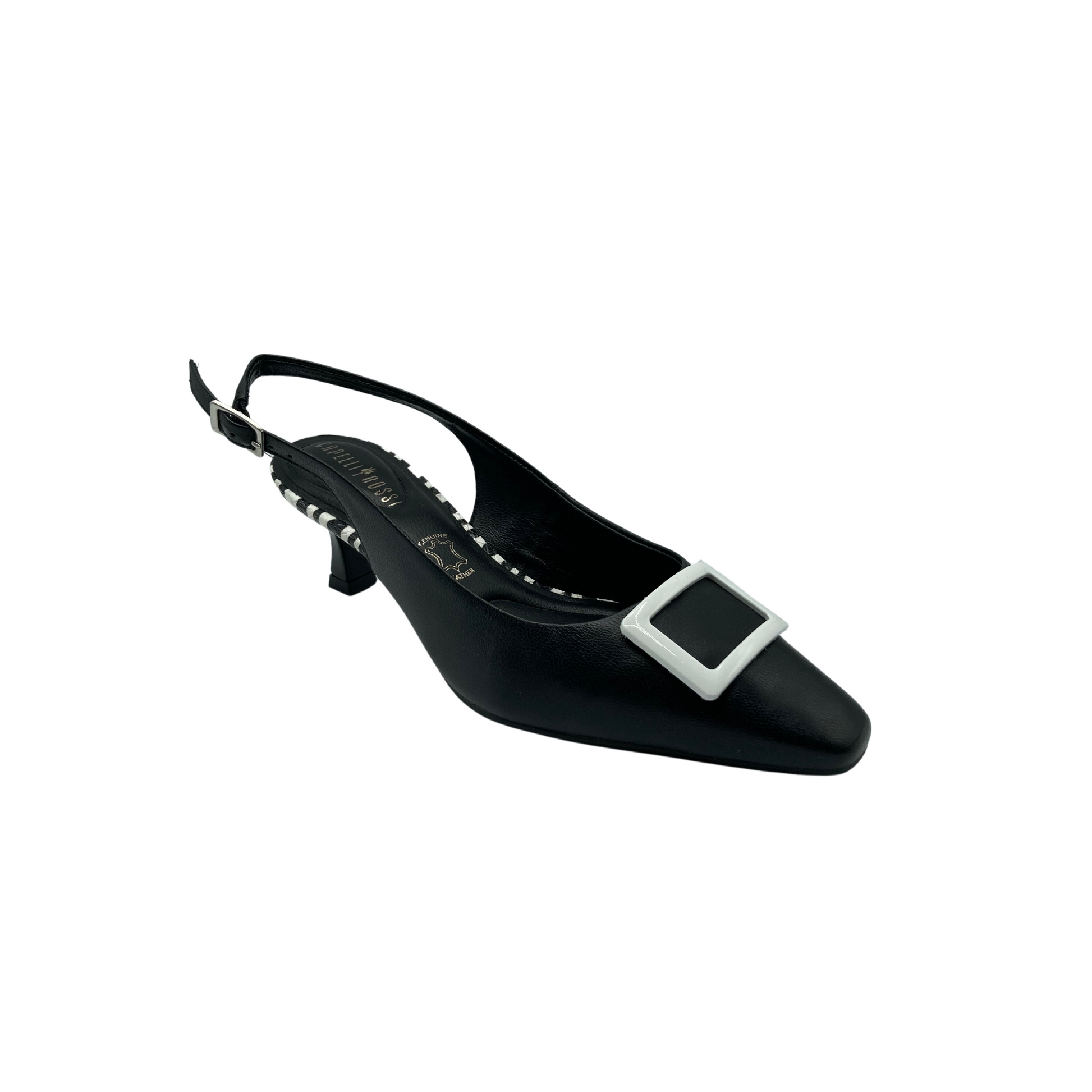 Angled side view of a black slingback shoe