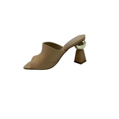 Inside view of taupe mule by Capelli Rossi.  Angular heel features a round ball at teh top