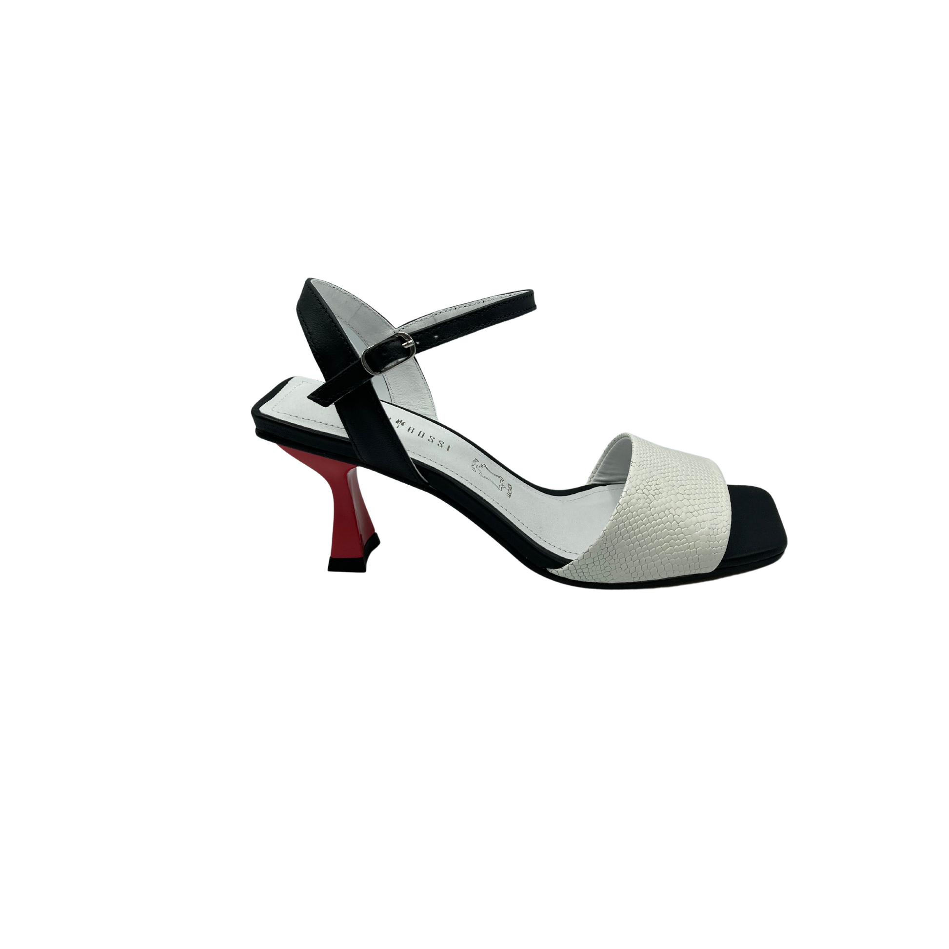 Outside view of classic sandal in black/white/red.