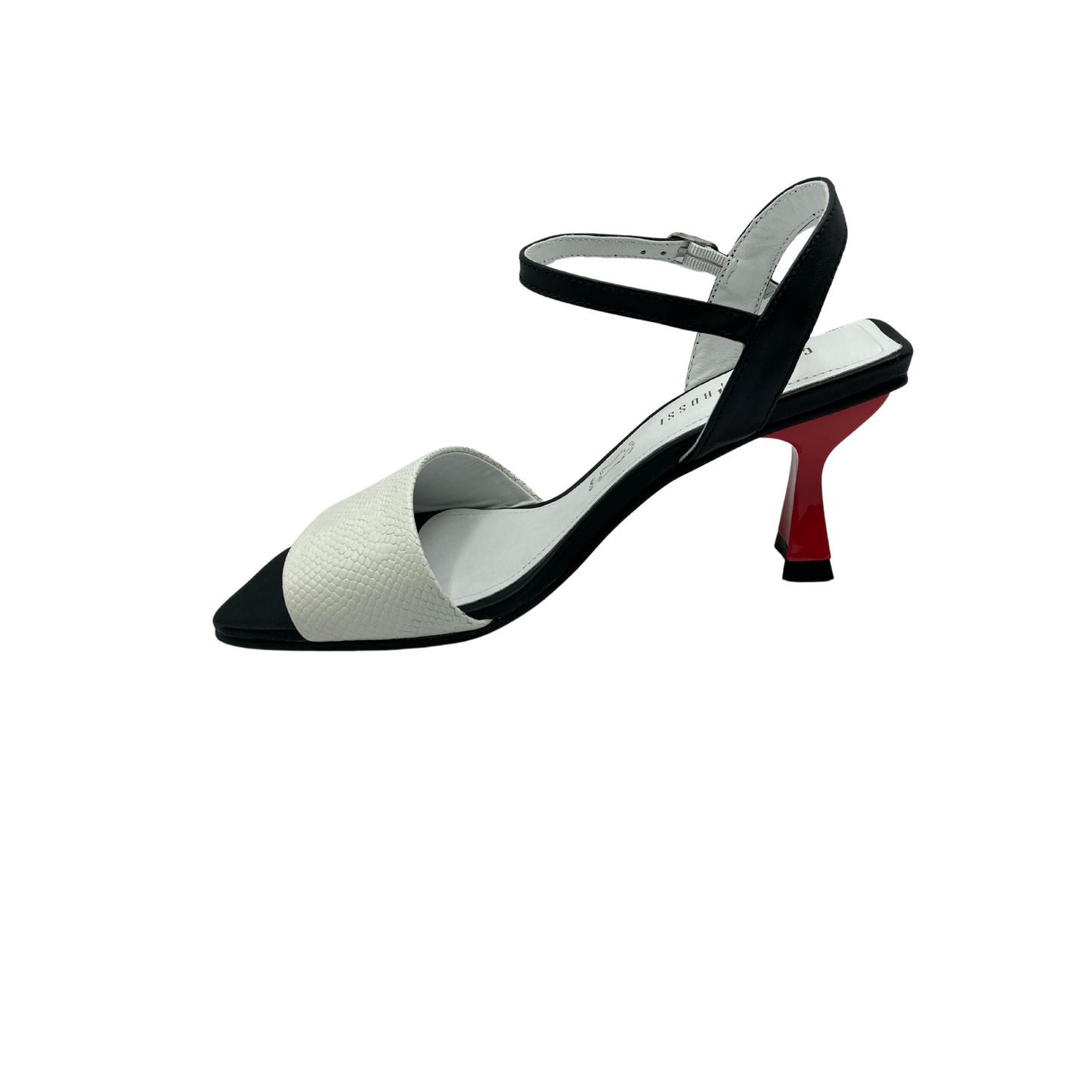 Inside view of classic sandal in black/white/red.  Wide white strap at forefoot then completely open to heel/ankle strap.  Back and ankle strap are black.  Kitten heel is red