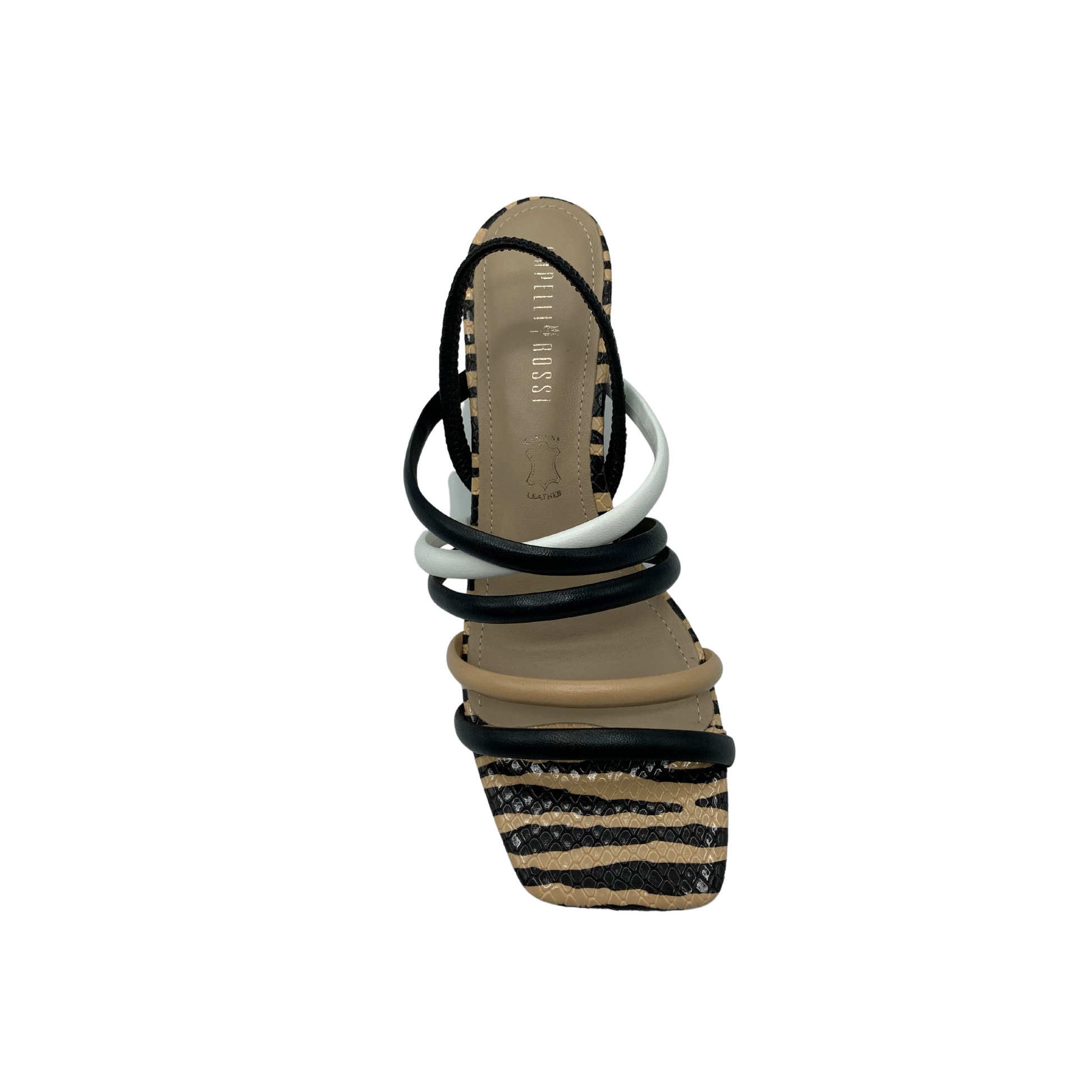 Top down view of strappy sandal.with taupe/black zebra stripe at toe box and heel