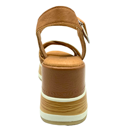 Rear view of tan sandal.  Platform wedge has tan leather wrap at teh top, cream lines and a faux wood panel.  Very distinctive sandals!
