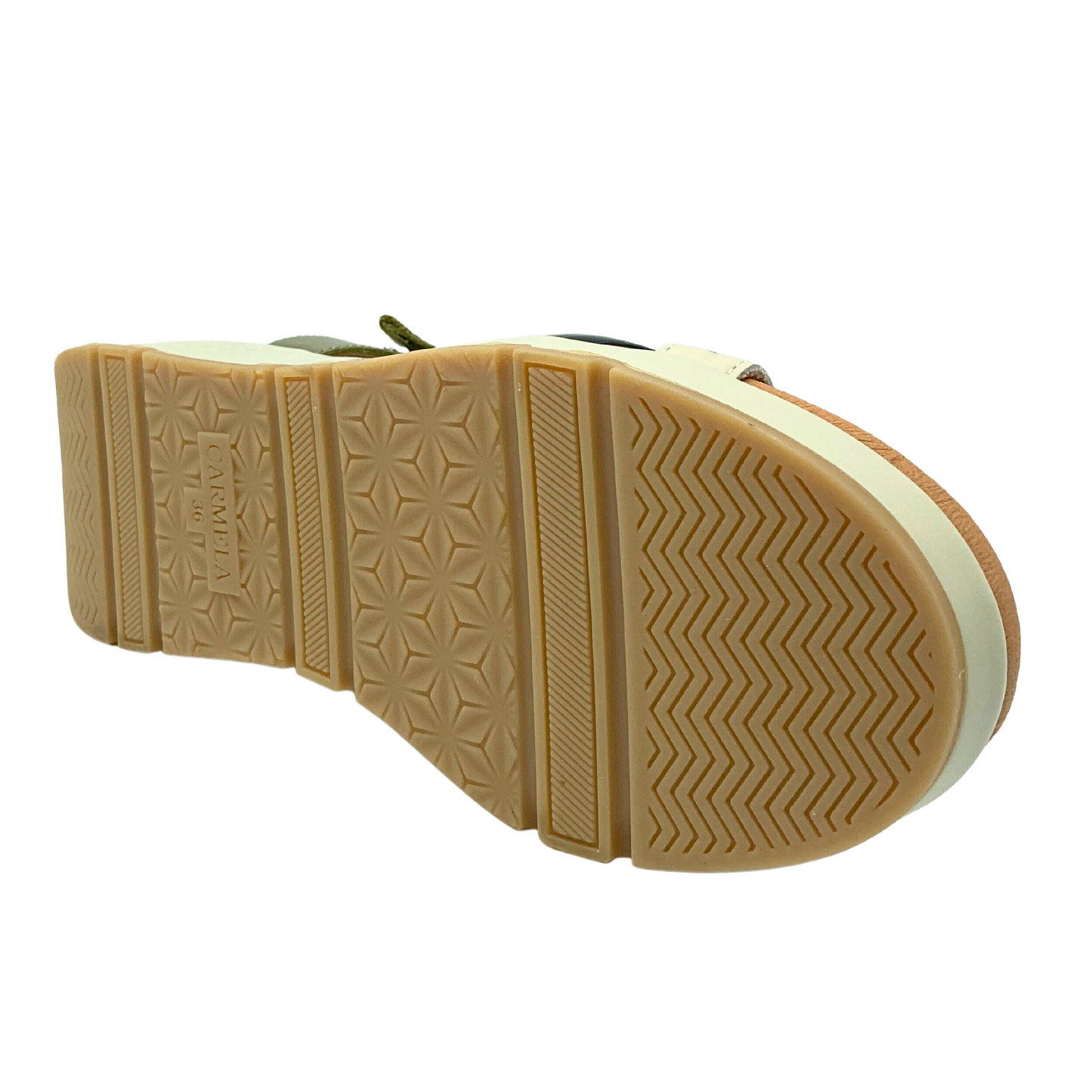 Bottom view of Carmela Rondo sandal.  Rubber sole makes it more grippy for all types of surfaces