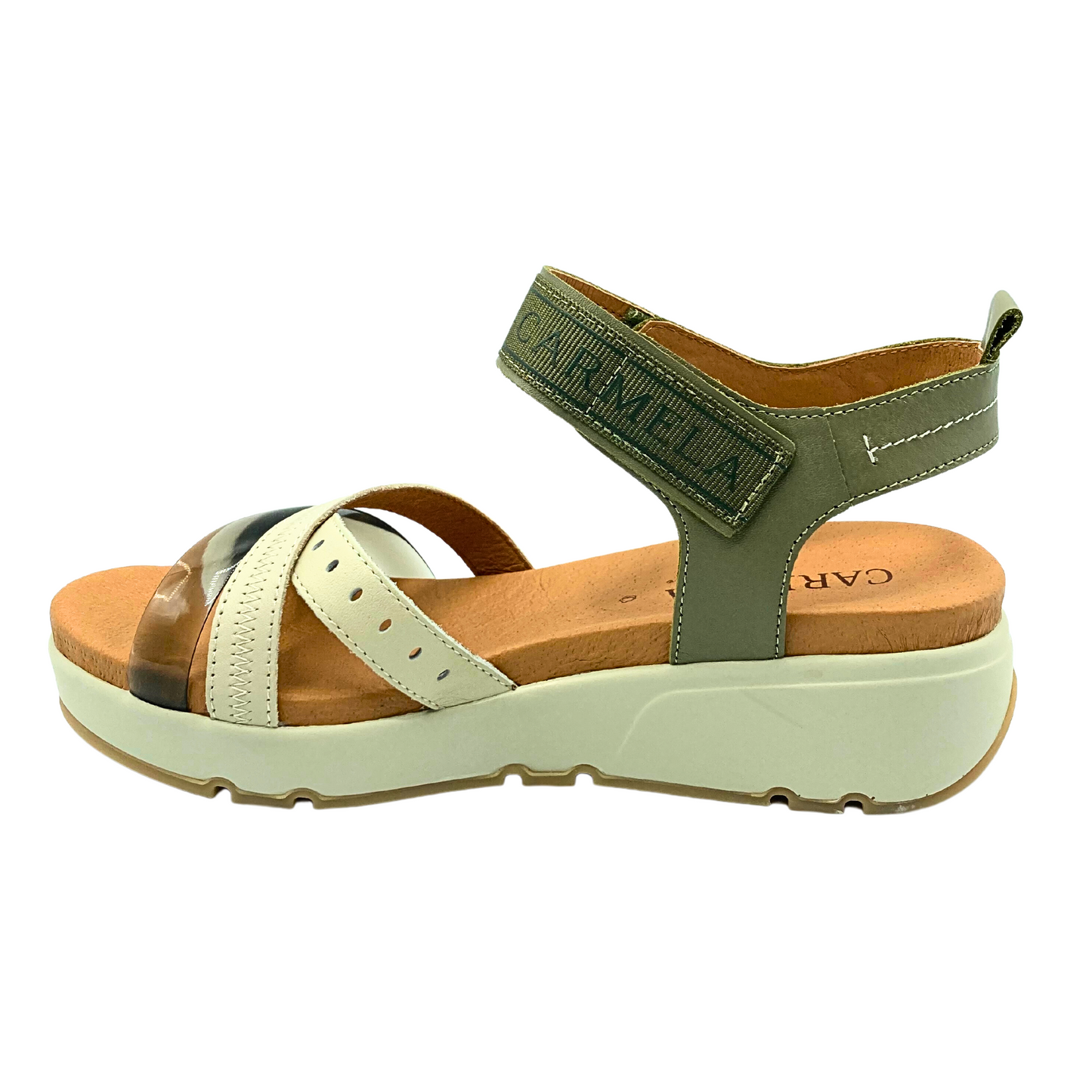 Inside view of low platform sandal in cream and khaki.  Three interwoven straps at front and both an ankle and heel strap