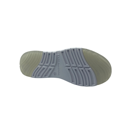 Rubber heel strike and toe pad outsole with wave design for traction and support.