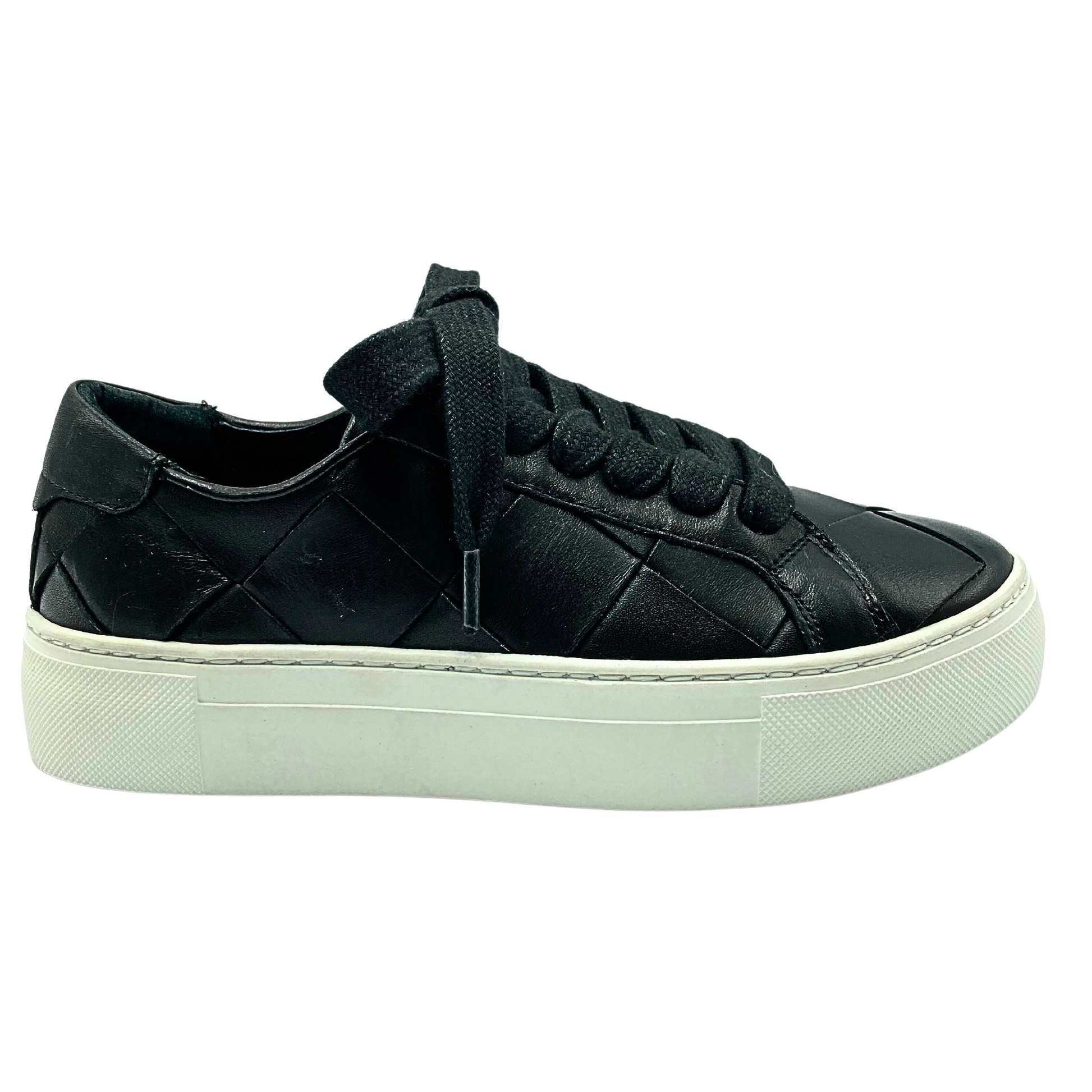 Outside view of a fashion sneaker done in a woven black leather with black laces and a soft white sole
