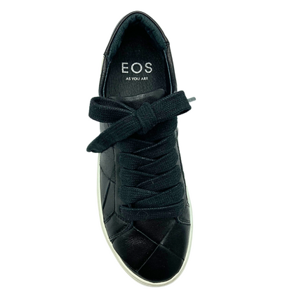 Top down view of a fashion sneaker in a black woven leather.  Complimentary black laces in front.