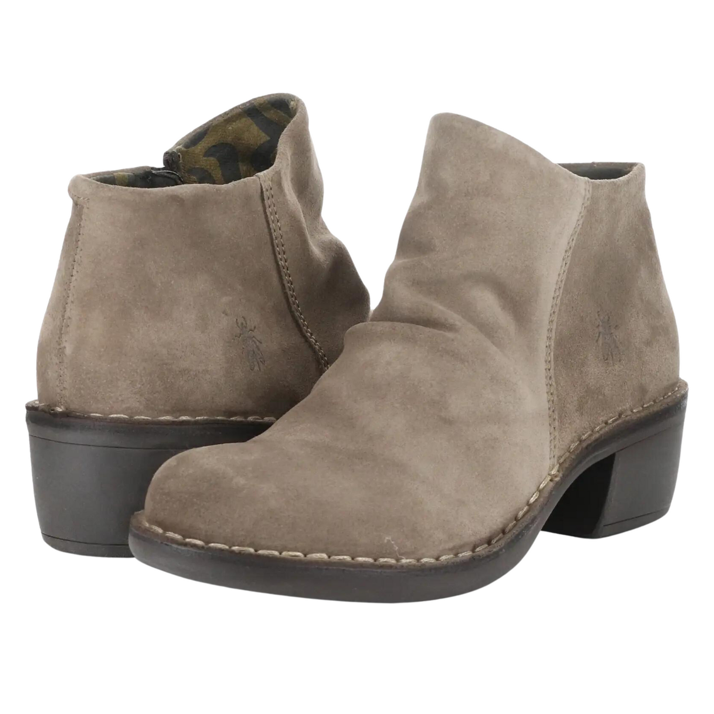 Front and rear profiles of a pair of Fly London Merk Boots in the colour Taupe.