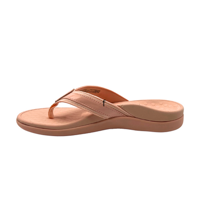Inside view of a flip flop sandal.  You can see the great arch support  and contoured footbed
