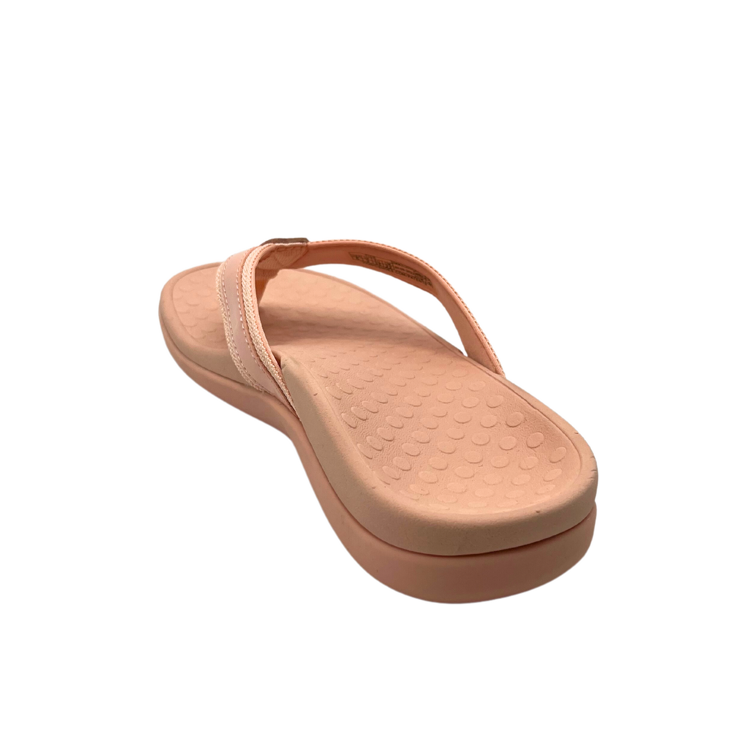 Angled rear view of a flip flop sandal shown in a rose color.  Nicely contoured footbed for support and stability